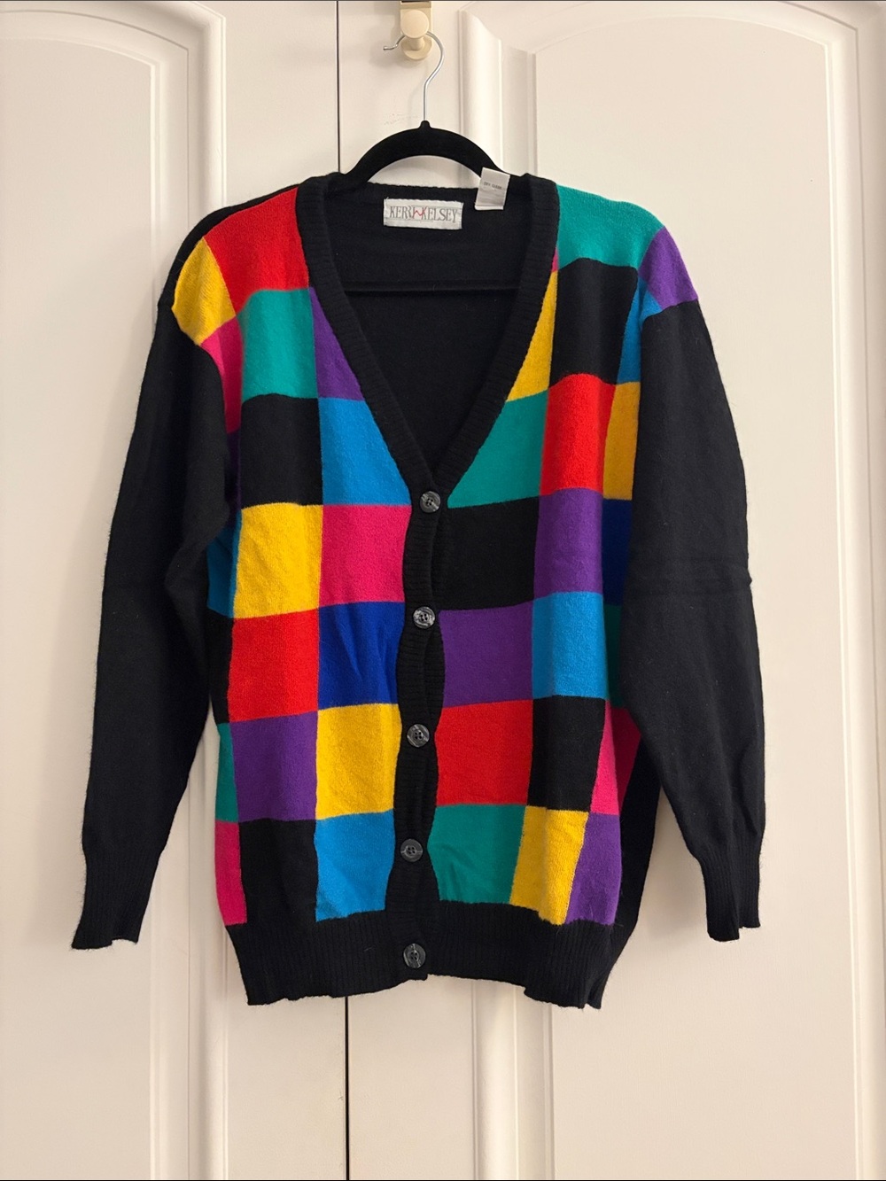 Vintage Colorblock Button-Up Cardigan Sweater - Black Multi. Wool and Rabbit